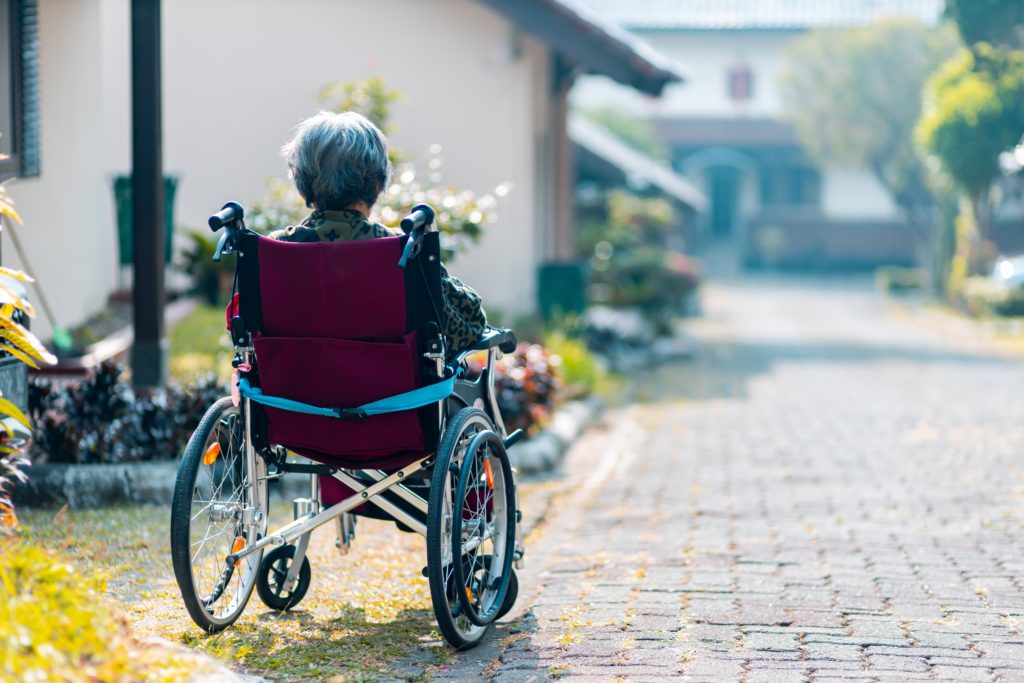 Adulta mayor en silla de ruedas en un jardin