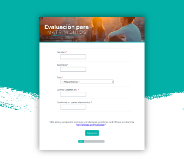 Screenshot del landing de la evaluación para matrimonios