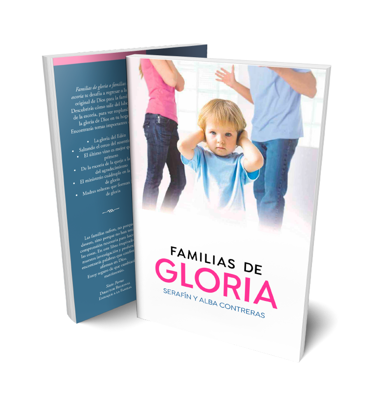 Libro con la portada y contraportada de Familias de Gloria, Aparece un niño cubriendose los oidos mientras sus padres discuten