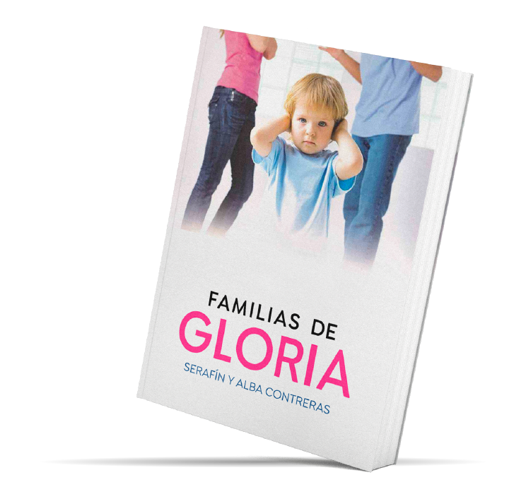 Libro Familias de gloria donde aparece un niño cubriendose los oidos mientras sus padres discuten