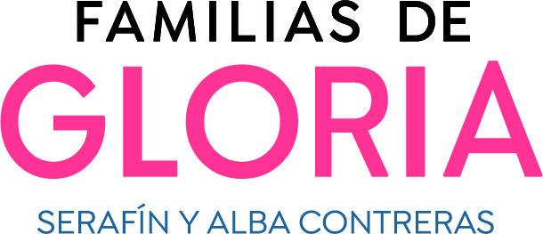 Logotipo del Audiolibro Familias de Gloria en colores rosados y azul