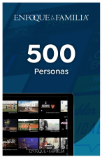 Imagen de paquete para 500 personas del App de Enfoque a la Familia, fondo azul con un ipad con los Cursos de Enfoque a la Familia