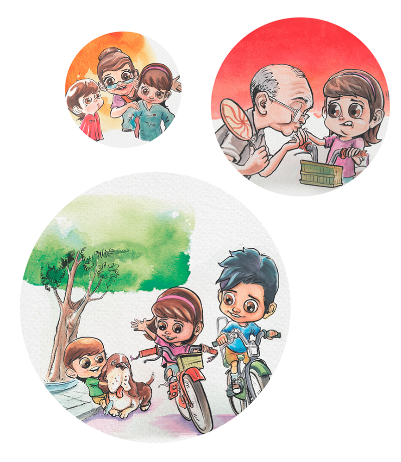 Diversas ilustraciones del Libro Las vacaciones de Elena con niños jugando, otros con su abuela, y otro donde una persona mayor le ofrece un dulce a un niño