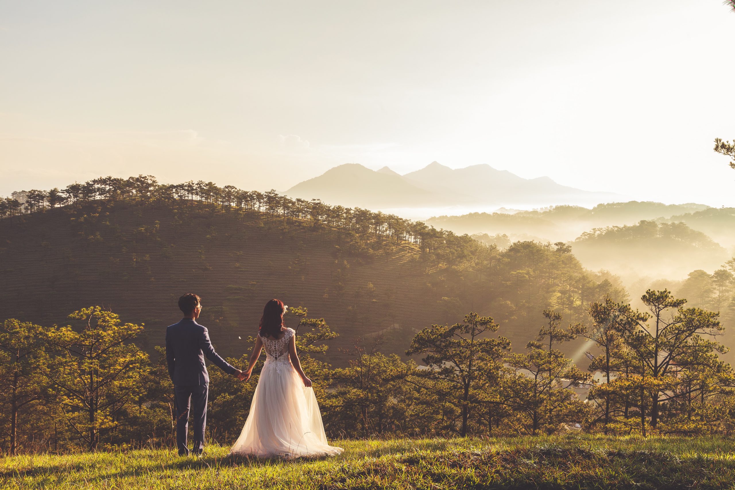 Recien casados en un monte viendo las montañas