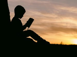 Niño sentado en un arbol leyendo la biblia